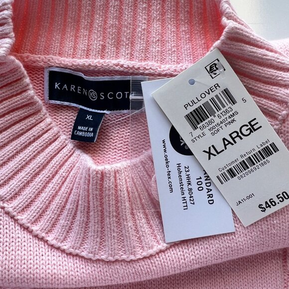 Karen Scott Pullover Womens XL Soft Pink Cotton Cable Knit Ribbed Hem NWT - Picture 3 of 5